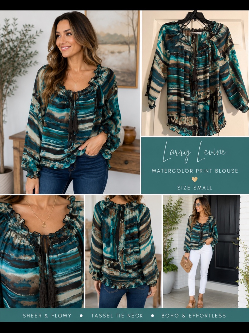 Larry Levine Watercolor Peasant Blouse • Small • Boho Tassel Tie Top
